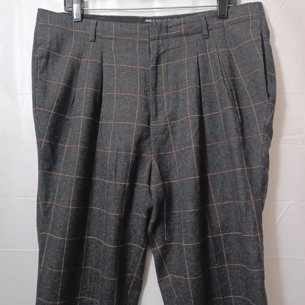 ASOS DESIGN WOOL BLEND PLEATED TAPERED LEG WINDOWPANE PLAID PANTS SIZE 34×30